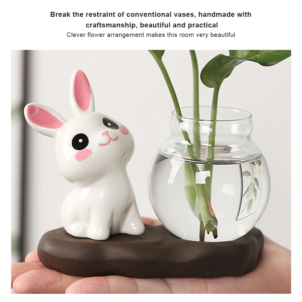 HASTHIP® Hydroponics Glass Planter, Mini Glass Hydroponics Pot Ornament, Art Cute Bunny Desk Ornament with Base, Air Planter Bulb Vase for Shelf, Office 2