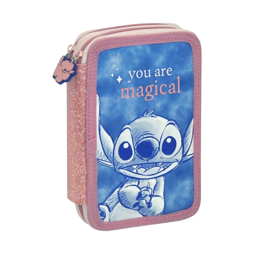 mybagstory - Stitch Filled School Pencil Case 20 x 14 x 5 cm Pencil Case 2 Compartments with Pencils, Felt Tip Pens and Accessories Girl's Hard Pencil Case Primary School