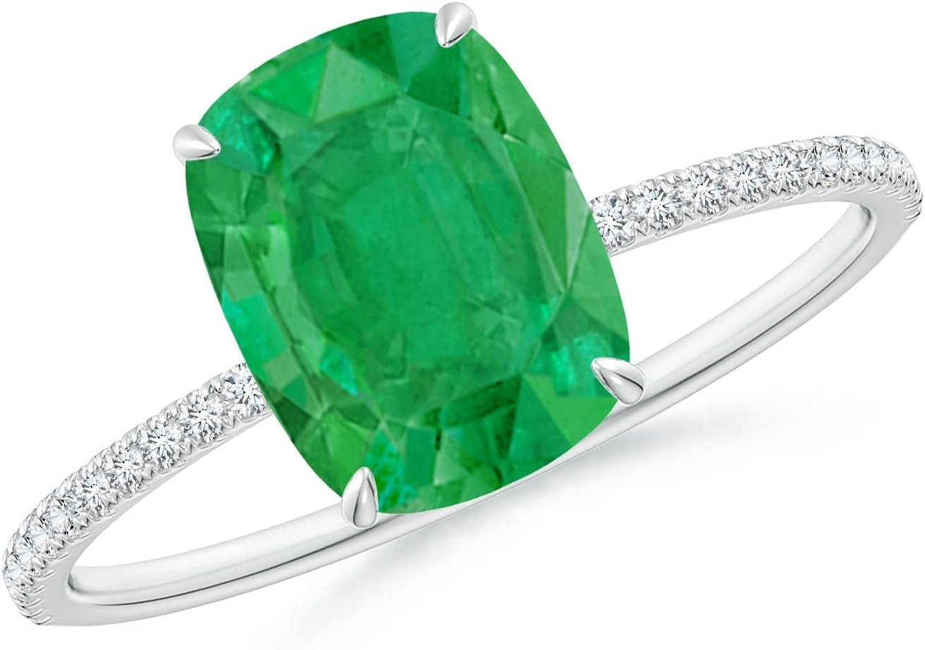 Angara Natural Emerald Ring for Women | Thin Shank Cushion Emerald Ring with Diamond Accents in 14K Solid Gold | May Birthday, Anniversary, Gemstone Jewellery Gift