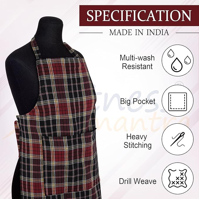 Image of REVEXO Unisex Kitchen Checkered Design Apron with 1 Front Centre Pocket With Adjustable Strap (Pack Of 1) REV-360