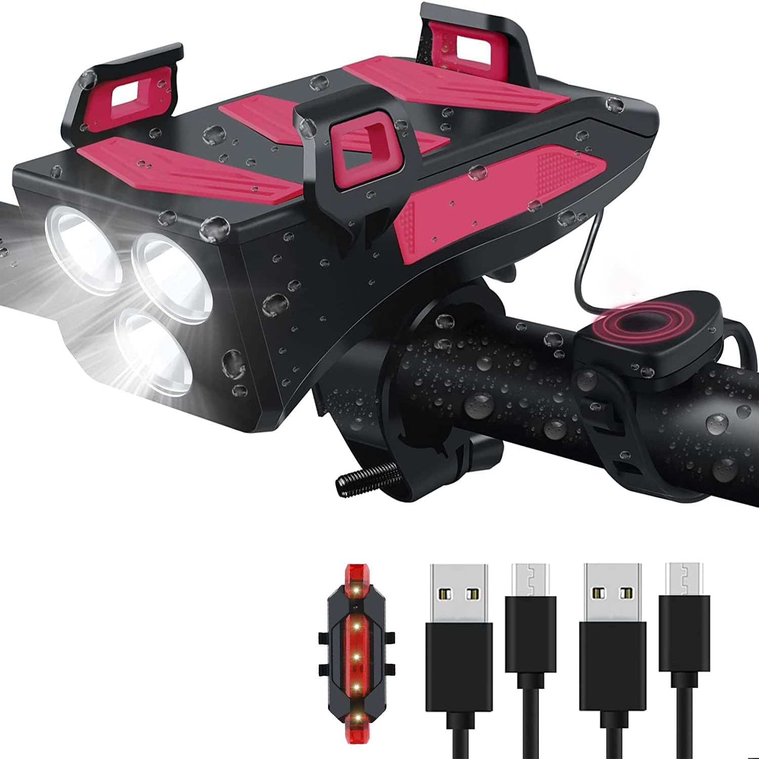 GKEAPZA LED Bike Light Set with Phone Holder, 4000 mAh Rechargeable, Power Bank & 130dB Horn, Front & Rear Light for Cycling Hiking Camping Mountain Road Bike(130dB Horn & 4000mAh)
