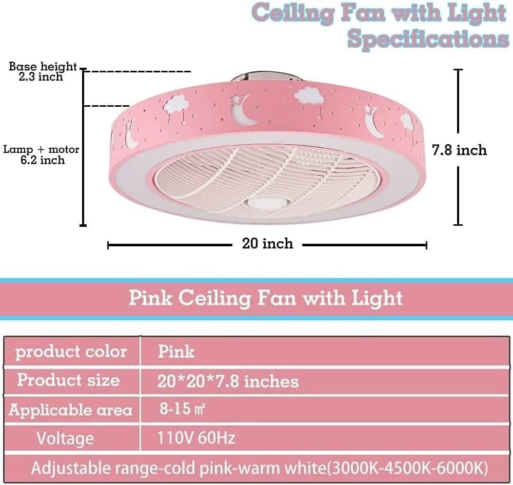 Modern Pink Ceiling Lamp Enclosed 20" Flush Mount Ceiling Fan Light Simple Round Kids Room Ceiling Fan with Remote Control Dimmable for Living Room Bedroom Office Study Room Dining Room