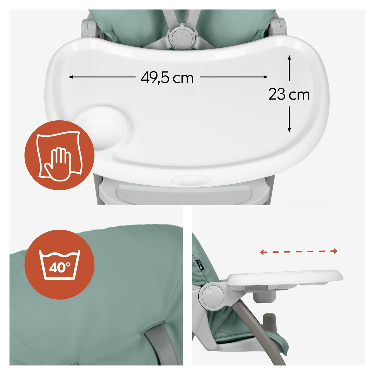 hauck Sit N Fold, Dusty Mint - Seggiolone Pappa Pieghevole e Leggero per Bambini da 6 Mesi Fino a 15 kg, Schienale Reclinabile, Cintura a 5 Punti, Vassoio XL Removibile, Cestello Portaoggetti