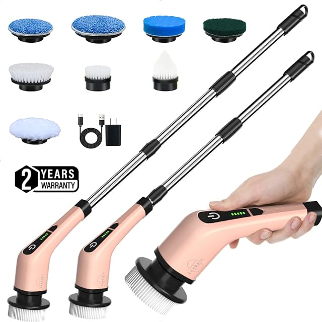 Electric Spin Scrubber, Leebein Cordless Powerful Scrub Brush for Cleaning Bathroom, Kitchen, Shower Tub and Floor Tile with Adjustable Extension Long Handle and 8 Replaceable Rotating Brushes(Rose)