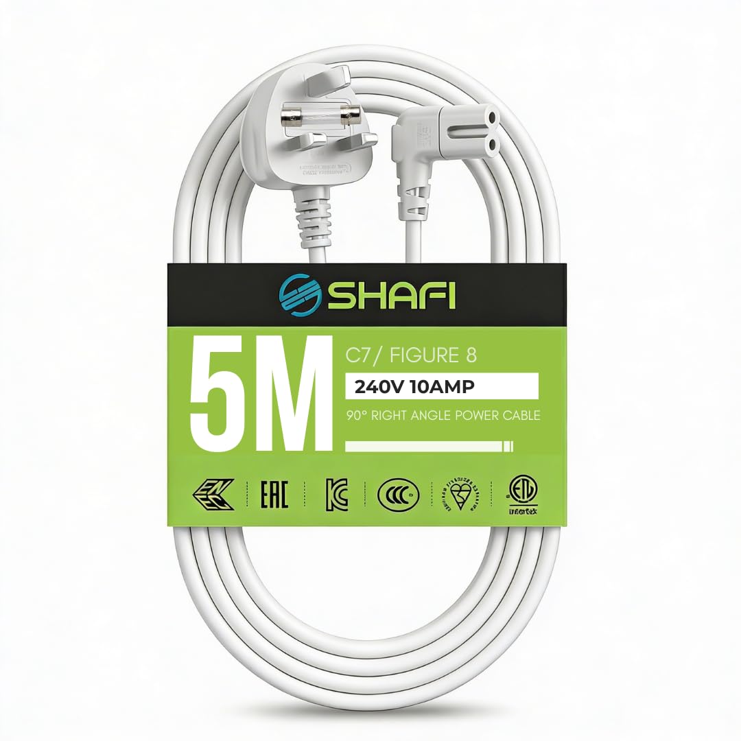 SHAFI Figure 8 Power Lead White 5M - 2-Pin 90 Degree Angle IEC C7 Universal UK Plug Power Cable - Compatible Figure 8 cable for PS5, Xbox Series X, Smart LED TV, Samsung TV, LG TV, Sony TV