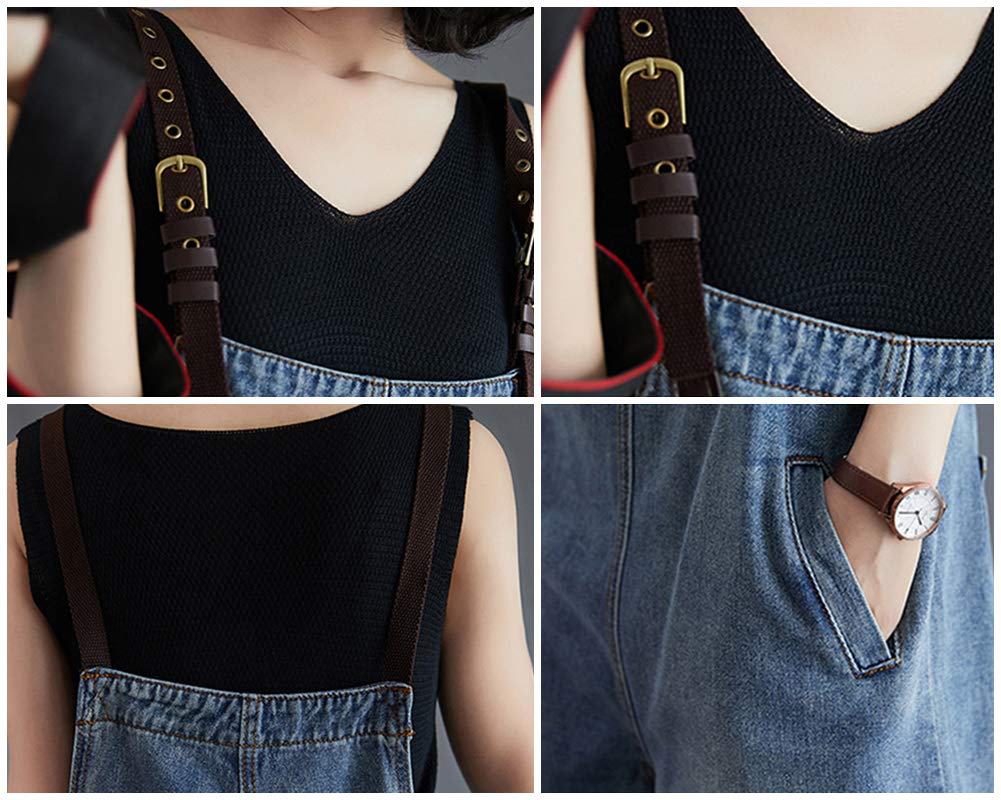 Salopette Donna Jeans Corta Gambe Larghe Pantaloncini Dungarees Denim Overall Jumpsuit con Tasche