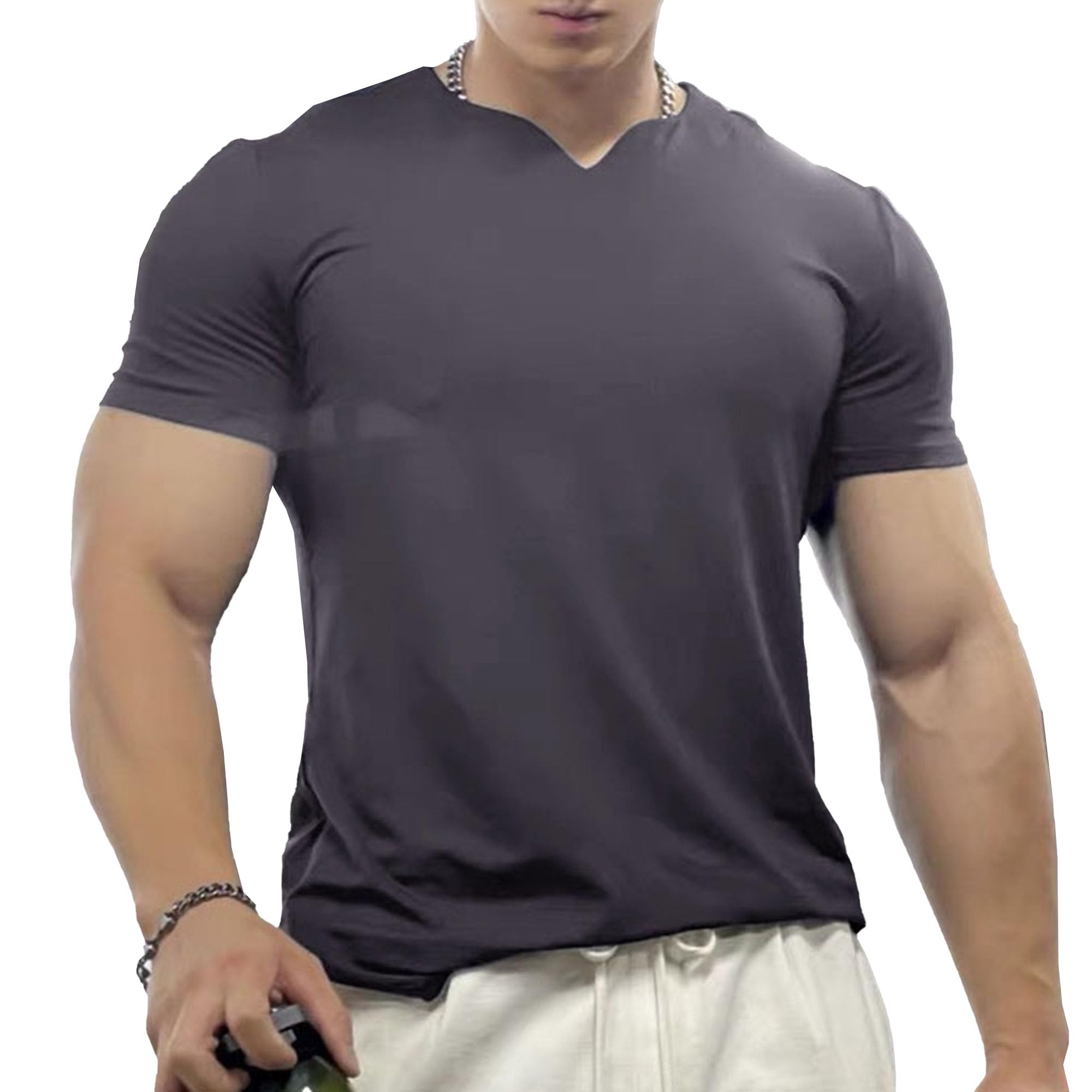 Men High Elastic Tight Quick Dry T Shirts Short Sleeve Tee Tops for Running Training Summer Casual Fitness Shirt (Grey,XX-Large)