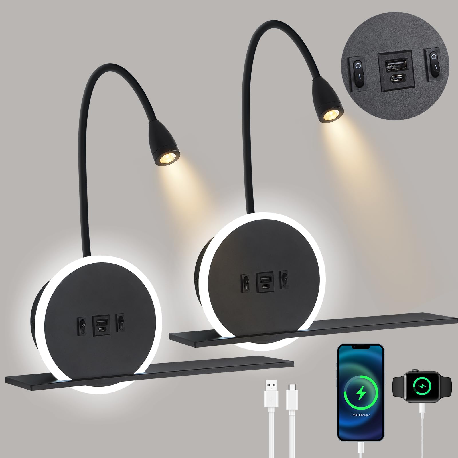 SANSHI Leselampe 2 Stück,Schwenkbar Nachttischlampe mit Schalter,Schwarz | wand Leselicht,USB + TYPE C Ladeanschluss Wandleuchte,3W 3000K + 9W 6000K Beleuchtung,Schlafzimmer Hotels Bettlampe