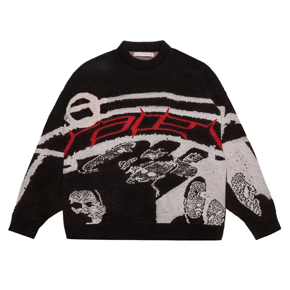 Y2K Oversized Knit Sweater - Fairy Grunge Butterfly Gothic Streetwear Pullover For Women (Black, Large)