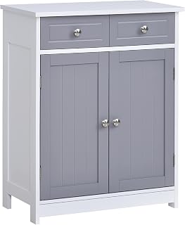 kleankin 75x60cm Freestanding Bathroom Storage Cabinet Unit w/ 2 Drawers Cupboard Adjustable Shelf Metal Handles Traditional Style Grey White