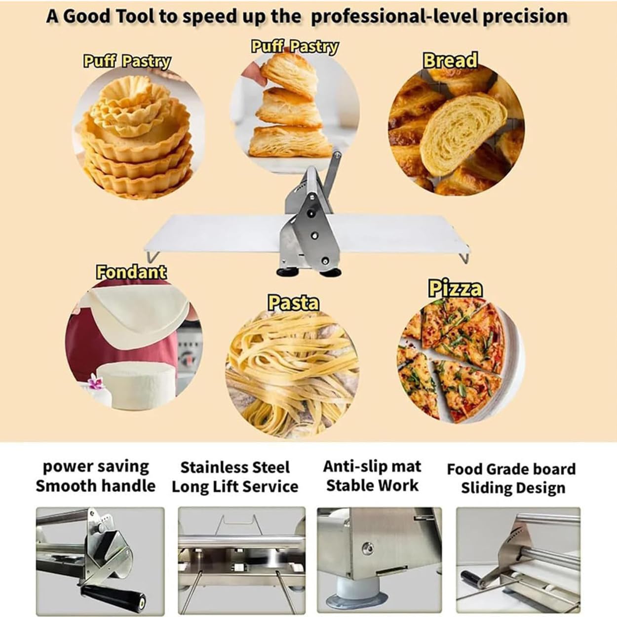 Sfogliatrice Pieghevole, Sfogliatrice Manuale in Acciaio Inox, Spessore Regolabile 0,5-17,5 Mm/0,5-27 Mm, Per Pizza, Croissant, Pasta E Fondente, Design Da Tavolo,RS201