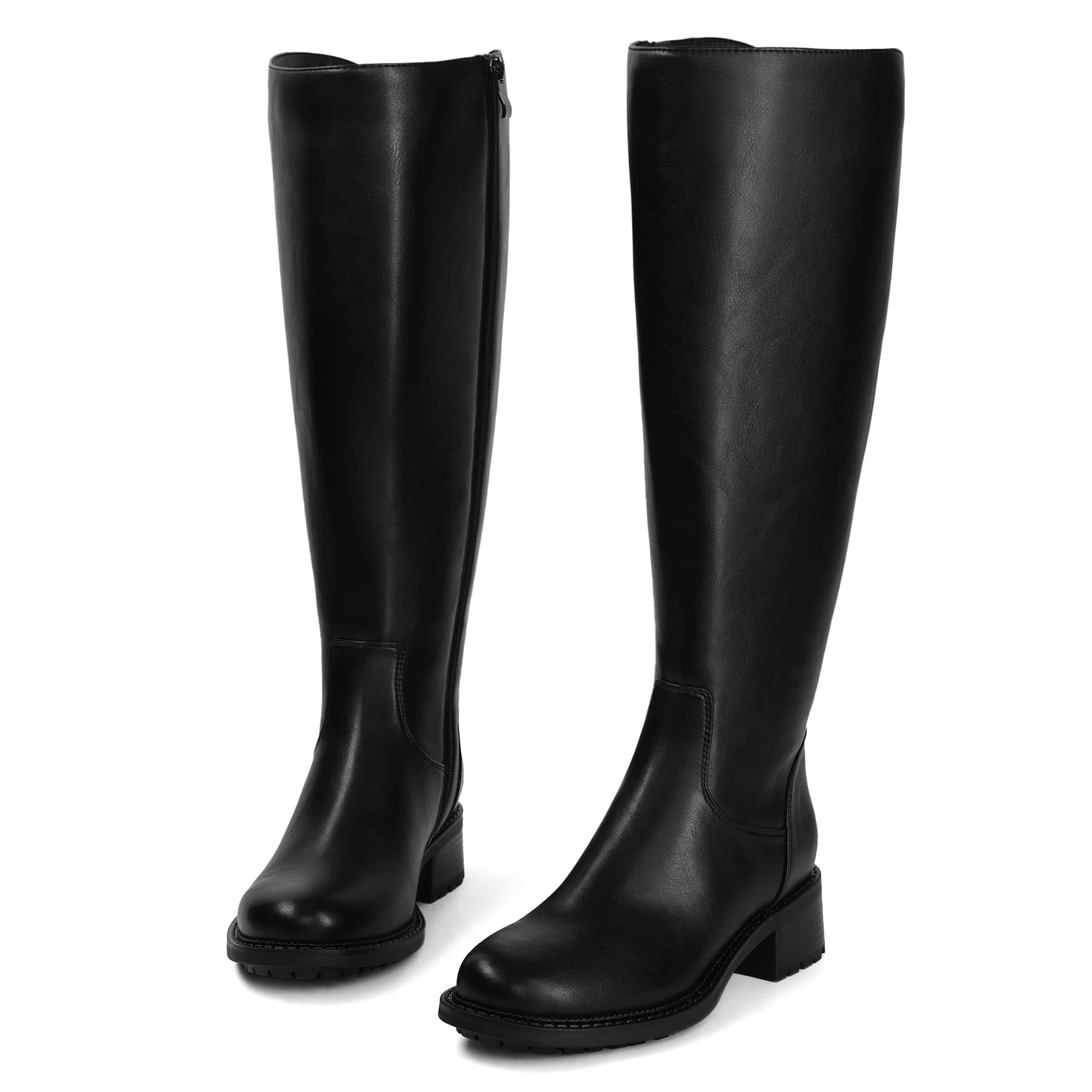 USIMAD Knee High Boots for Women Round Toe Tall Flat Low Chunky Heel Long Riding Boots