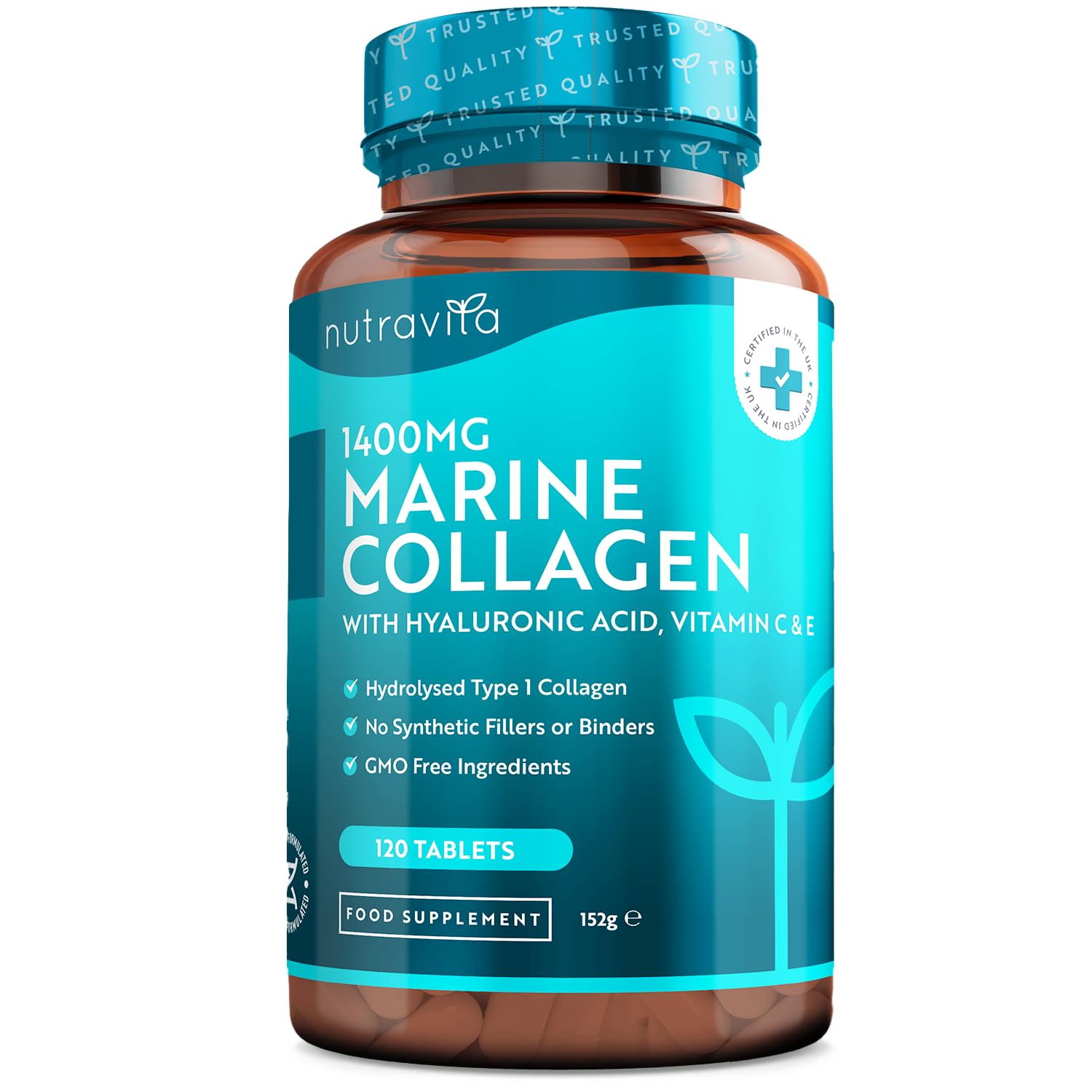 Colágeno Marino 1400mg con Ácido Hialurónico 100mg - 120 Comprimidos Potentes - Suplementos de Colágeno Hidrolizado con Vitamina C, Vitamina E, Vitamina B2, Zinc, Cobre - Nutravita