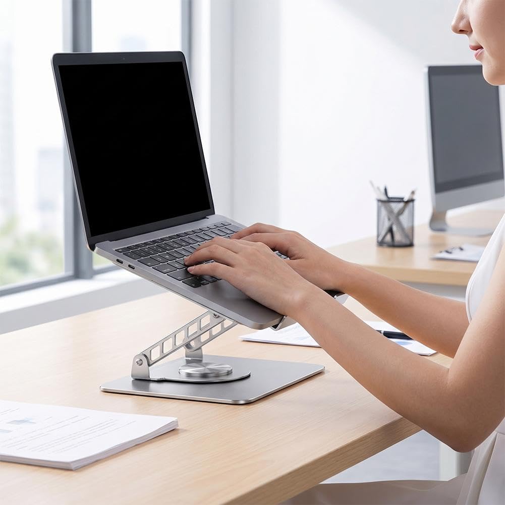 Soporte de refrigeración para portátil con ventilador, base giratoria ajustable de 360°, soporte de aluminio para laptop, para escritorio, almohadilla de refrigeración ergonómica plegable para todas