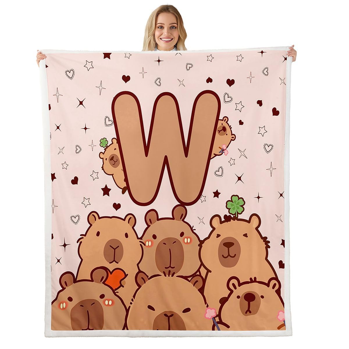 Loussiesd Zabawne kapibary szerpa narzuta koc na kanapę kreskówka kapibara super miękki przytulny polar inicjał litera W koc na zimę, pluszowa narzuta kawaii, zwierzęta, podwójna, 152 x 180 cm, na