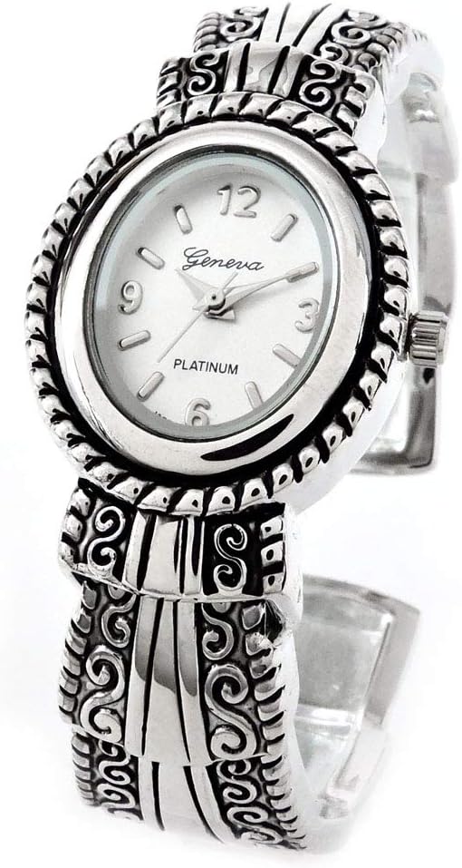 STC Silver Metal Western Style Decorated Oval Face Women's Bangle Cuff Watch - Image 5