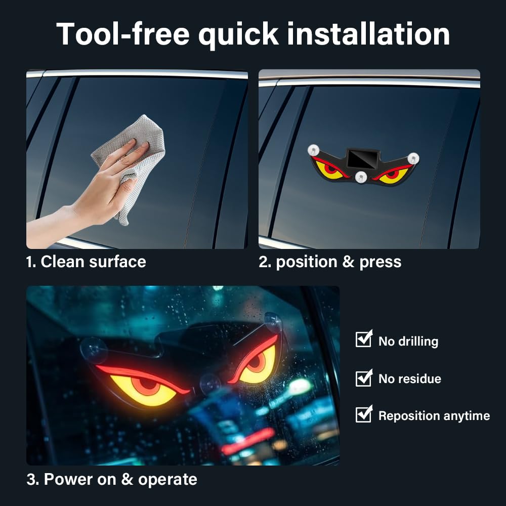 Solar Demon Eye LED Car Window Light, 2 Stück Dynamisches Dämon Augen LED Licht, Led Augen, USB-C Aufladbar Augenlicht für Windschutzscheibe mit 5 Beleuchtungsmodi, Blink und Atemmodus