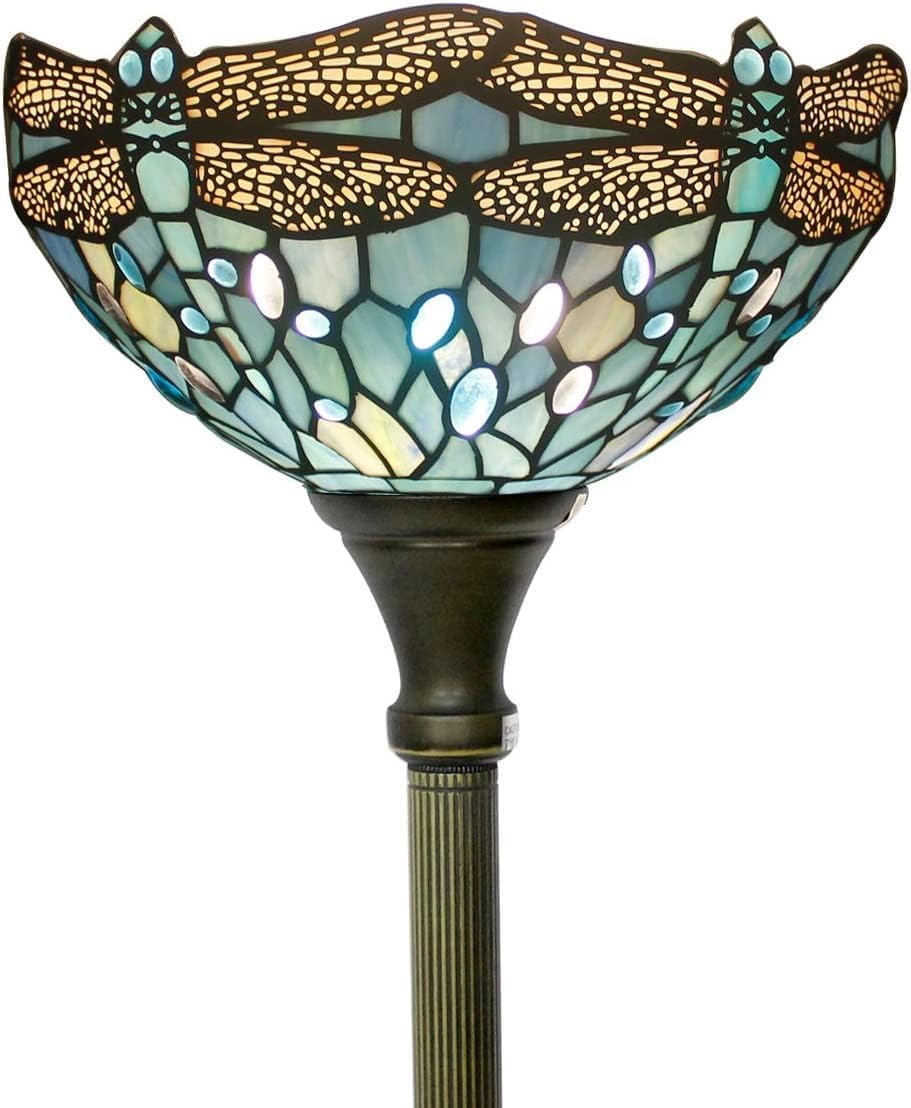 WERFACTORY Tiffany Floor Lamp Sea Blue Stained Glass Dragonfly Light 12X12X71 Inches Pole Torchiere Standing Corner Torch Uplight Decor Bedroom Living Room Home Office S147 Series