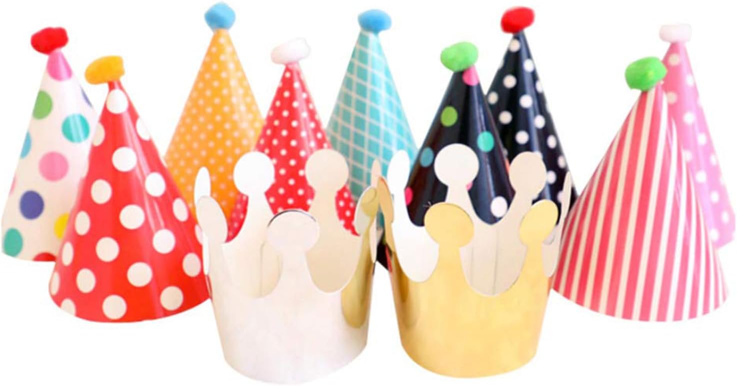 Tazweeq Lovely Mini Paper Cone Birthday Party Hats for Children, Fun Party Hat Set for Kids Birthday, New Year, Hat Set with 9 Hats and 2 Crowns, Birthday Party Decoration