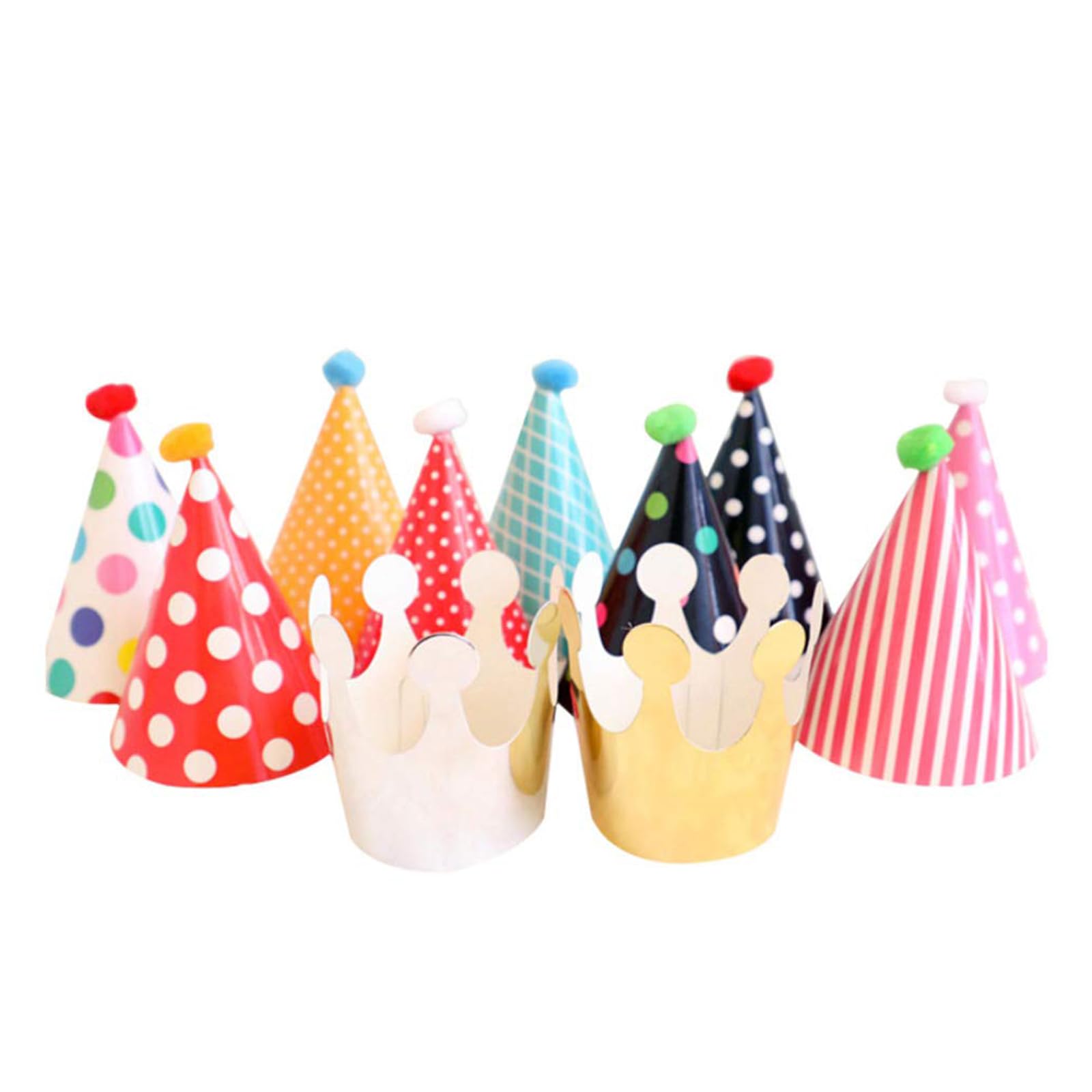 Tazweeq Lovely Mini Paper Cone Birthday Party Hats for Children, Fun Party Hat Set for Kids Birthday, New Year, Hat Set with 9 Hats and 2 Crowns, Birthday Party Decoration