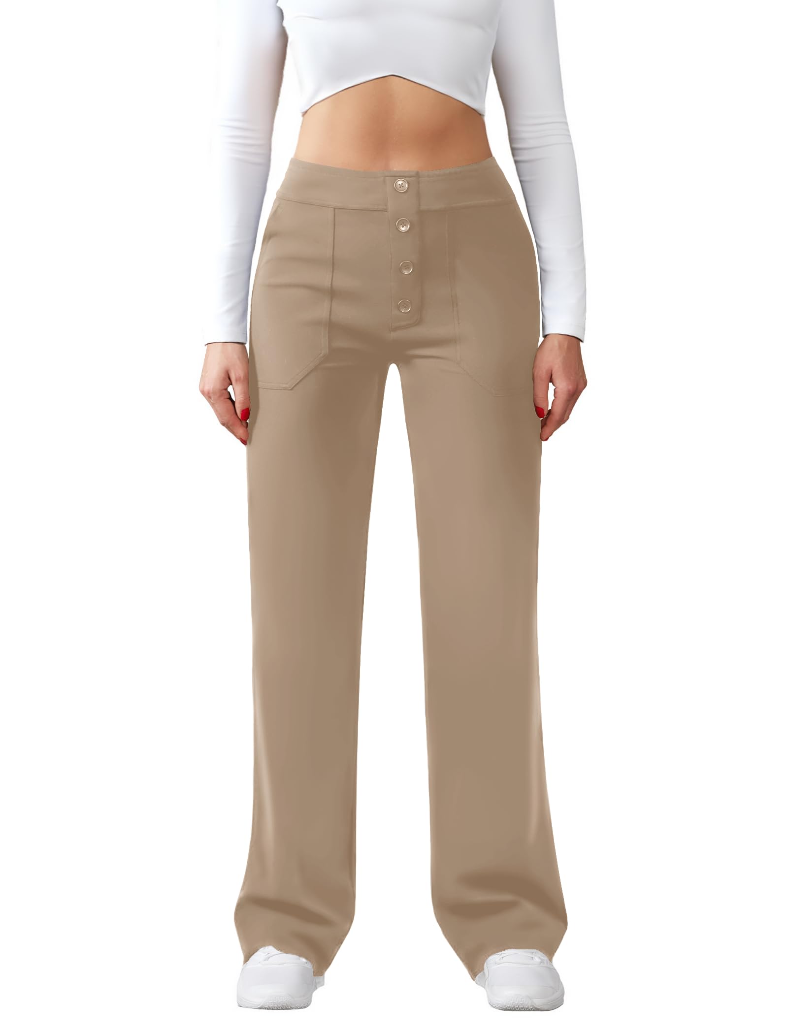 JEKAOYI Womens Casual High Waist Straight Leg Pants Stretchy Button Business Dress Work Pocket Trousers