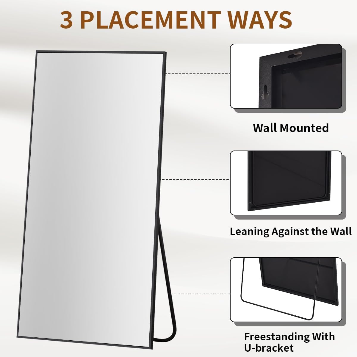 VooBang Large Full Length Mirror 78" x 35" - Shatterproof Floor Full Body Mirror with Aluminum Alloy Frame, Freestanding, Hanging, or Wall-Leaning, for Bedroom, Living Room, Dressing Room, Black - Image 6