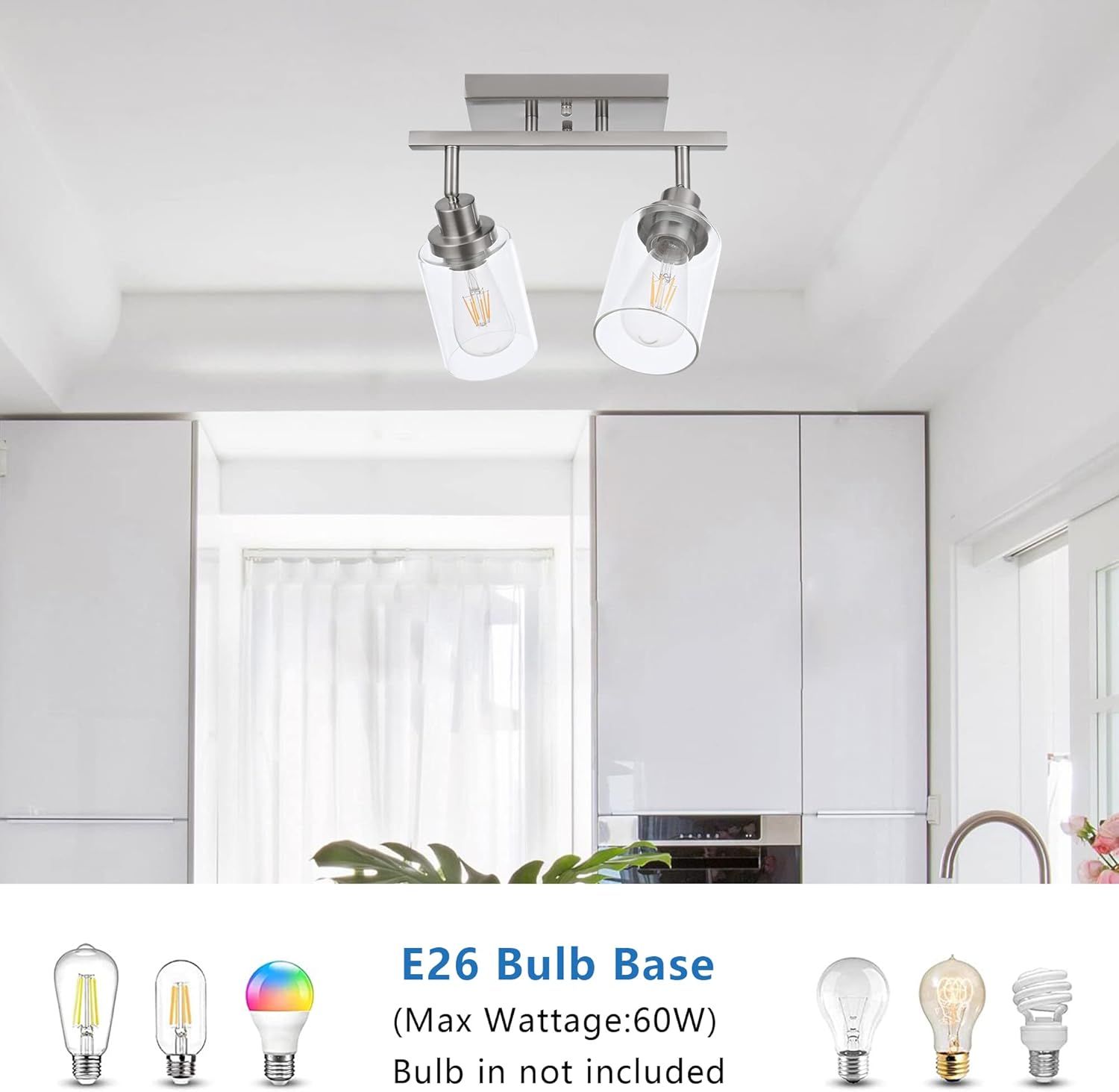 MELUCEE 2 Light Rotatable Track Lighting Kit Spotlight Semi Flush Mount Ceiling Light, Brushed Nickel Bathroom Lights Wall Scone for Hallway Porch Foyer Bath Storage, Clear Glass Shade