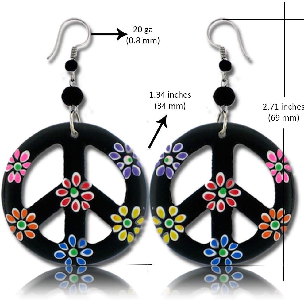 Earth Accessories Adjustable Peace Sign Pendant Necklace and Dangle Earrings with Organic Wood - Hippie Accessories and Hippie Costume for 60s or 70s