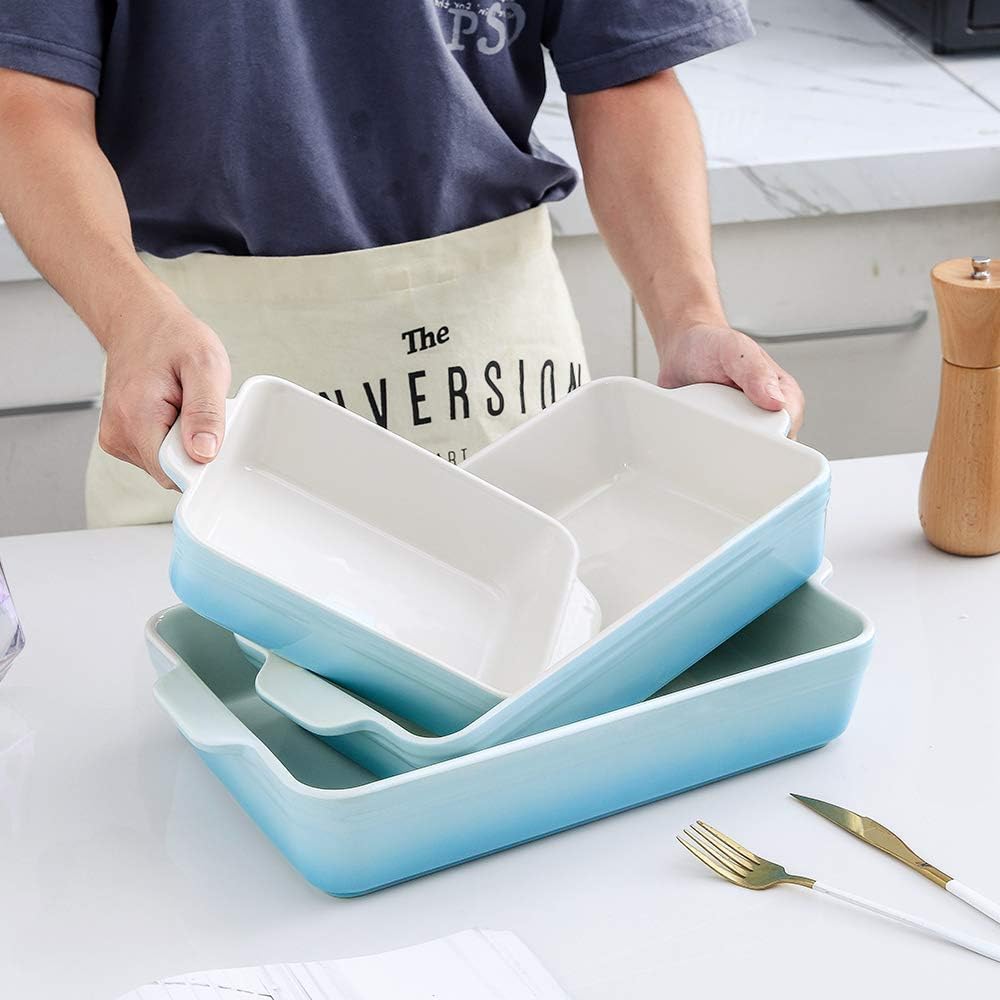 Exclusive Discount 80% Offer KOOV Bakeware Set, Ceramic Baking Dish Set, Rectangular Casserole Dish Set, lasagna Pan, Baking Pans Set for Cooking, Cake Dinner, Kitchen, 9 x 13 Inches, 3-Piece (Set of 3, Gradient Arctic)