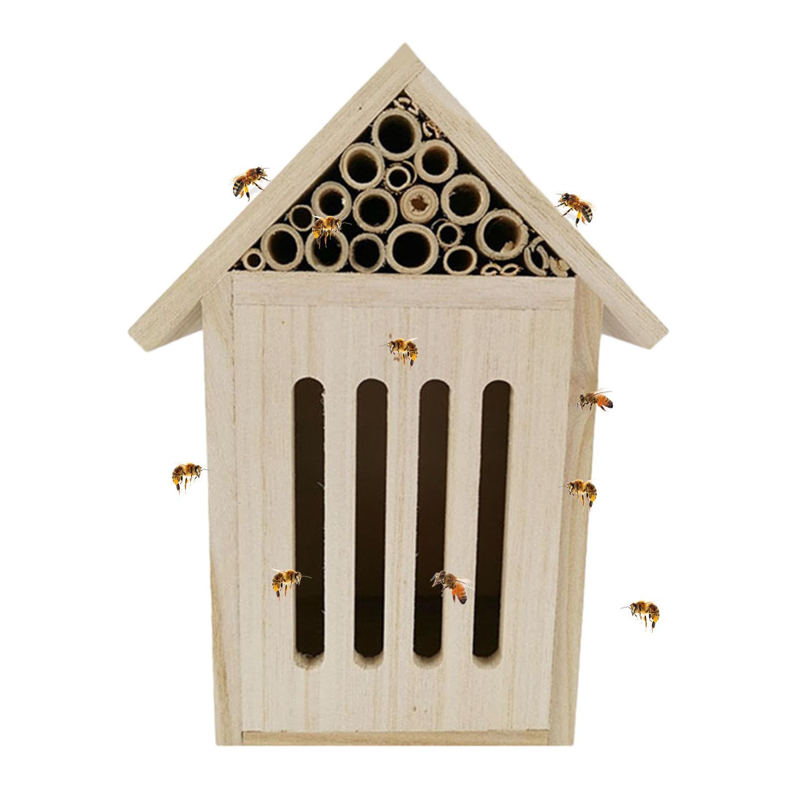 Wood Bee House, Natural Wooden Bugg Hotel, Weather Resistant Hanging Bee Home, InsectShelter Garden Nest Box, Outdoor Garden Bee Hotel, Stylish and Sturdy Garden Decoration for Bee Pollinators