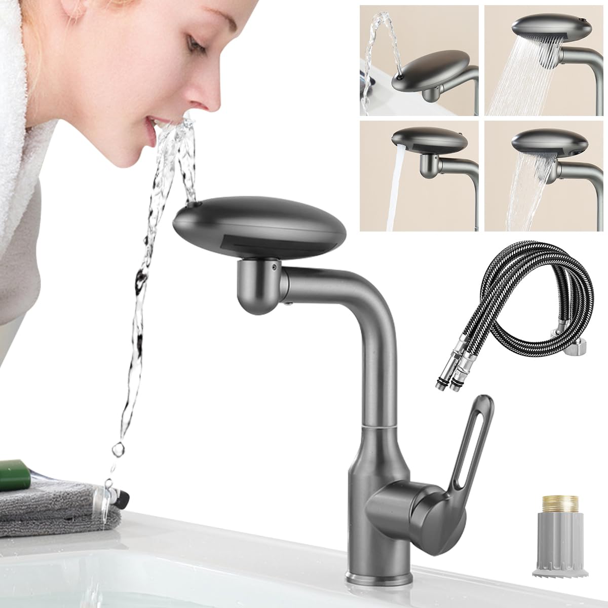 HASTHIP® Waterfall Bathroom Sink Faucet, 4 Modes Single Hole Bathroom Faucet, 360° Rotating Single Handle Bathroom Faucet 1 Hole, Modern Swivel Bathroom Faucet, with 1/2" Hose, Gray (B0D7W1CWVG) Amazon Price History, Amazon Price Tracker