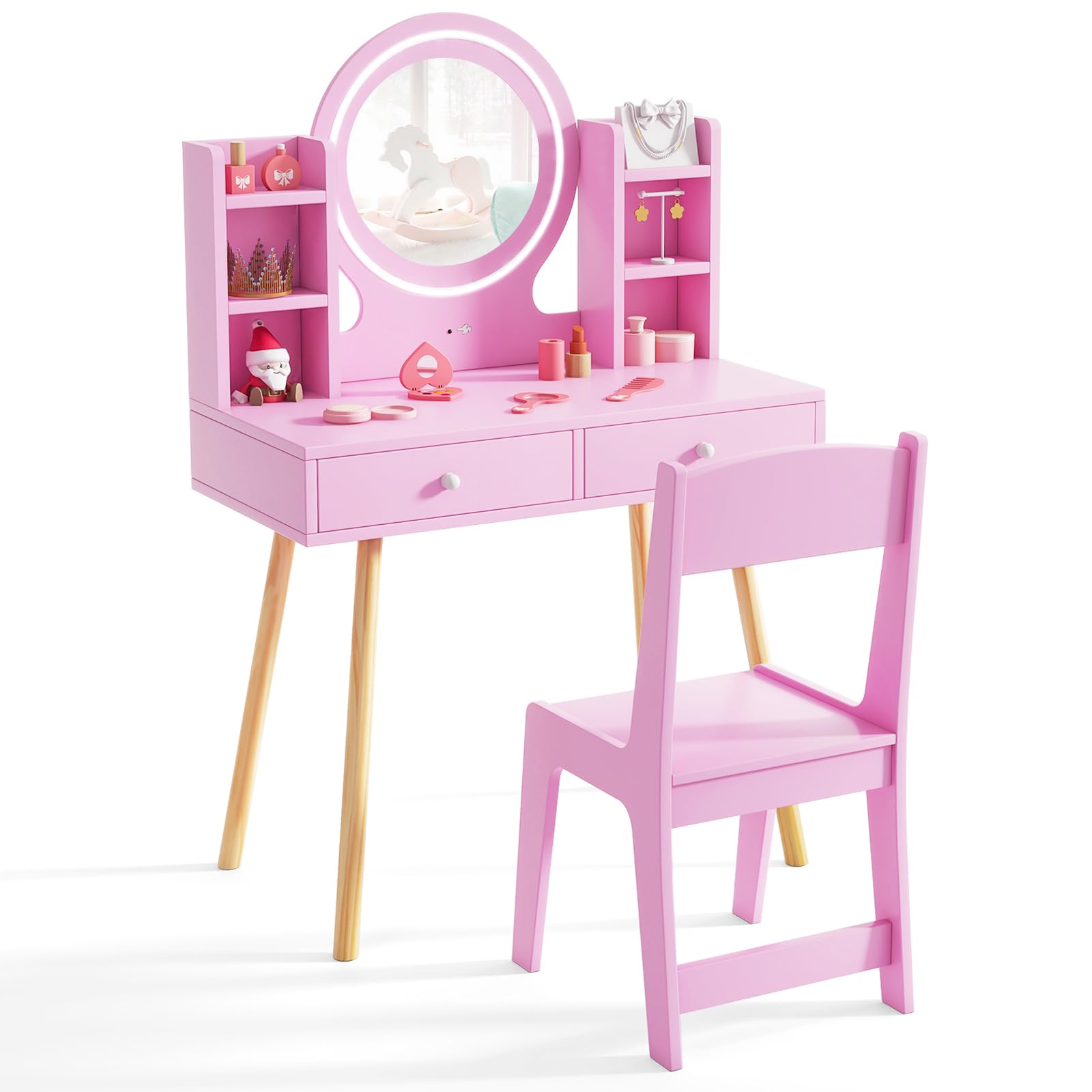 Maxmass Kids Dressing Table and Chair, Wooden Toddler Vanity Table with 2-Color LED Lighted Mirror, 2 Drawers, Storage Shelves, Children Makeup Desk Set Girls Princess Pretend Dresser (Pink)