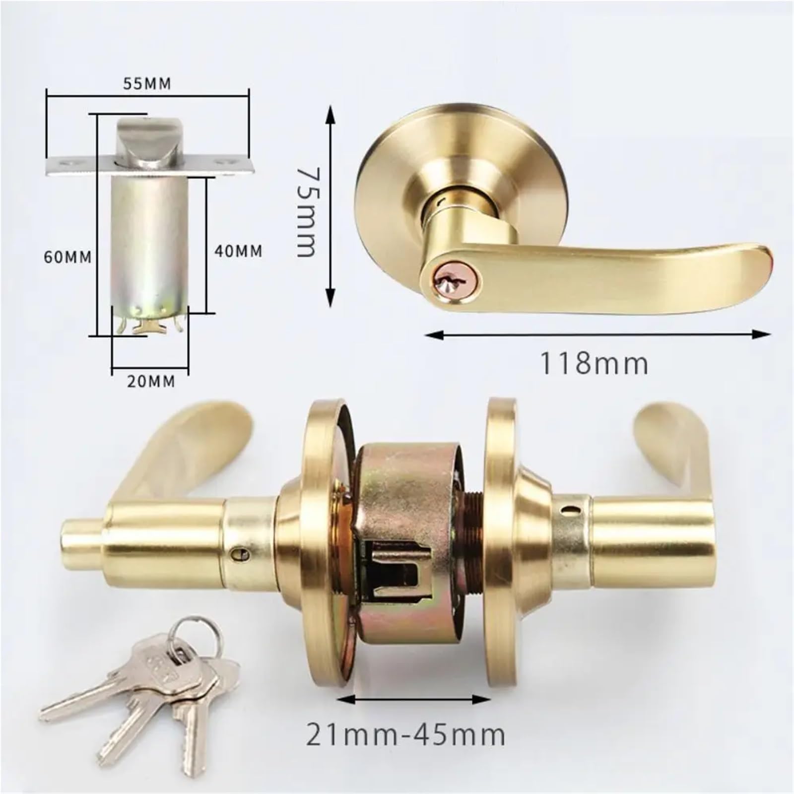 Manija De La Puerta Palanca de bloqueo de puerta Interior Reversible, manija de privacidad con acabado de latón satinado recto, fácil de instalar con borde redondo(Silver-70mm Keyless)