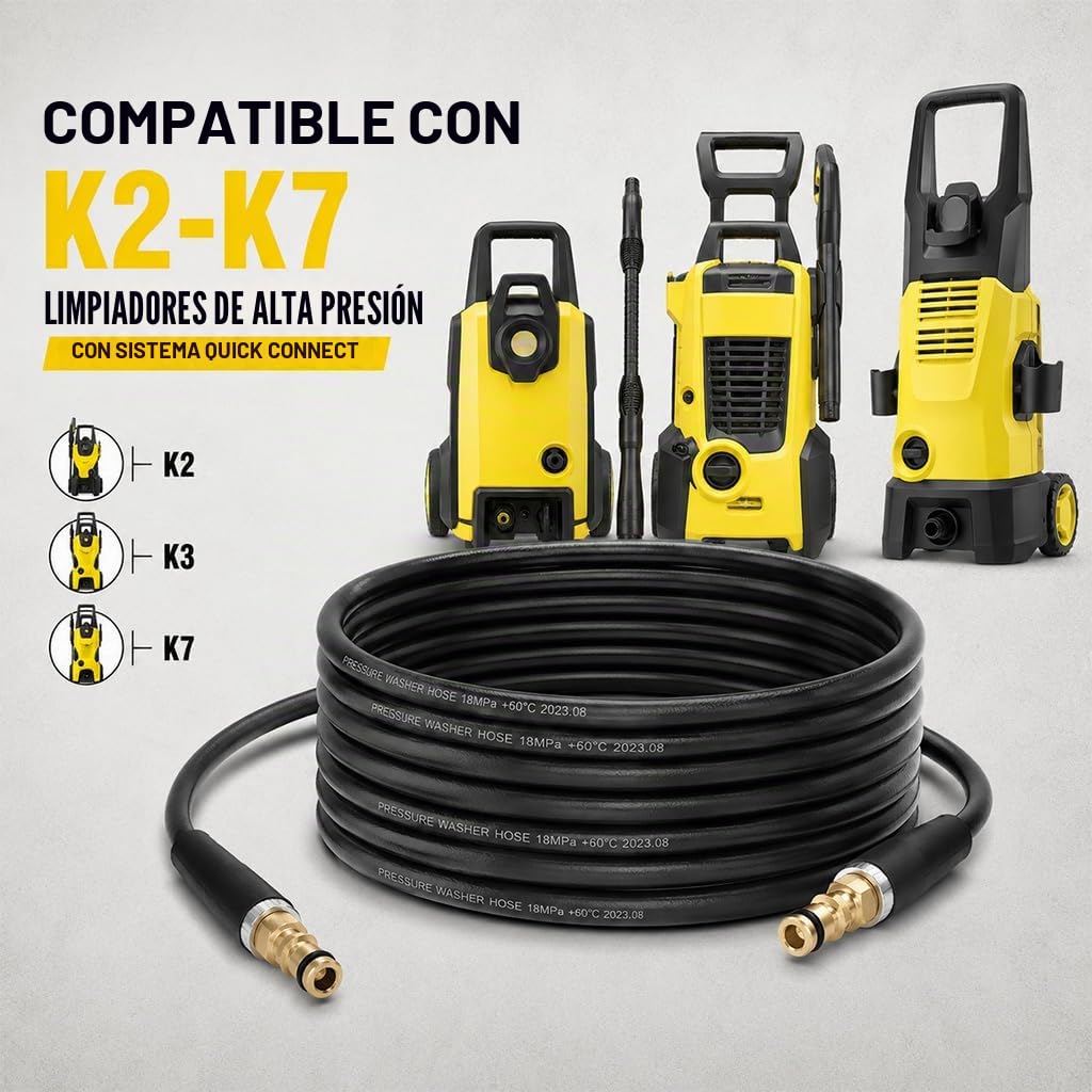 10M Manguera de Alta Presión Compatible con Modelos Kärcher K2-K7, Resistente, a Prueba de Fugas, Conexión Rápida y Fácil para una Limpieza Sin Esfuerzo