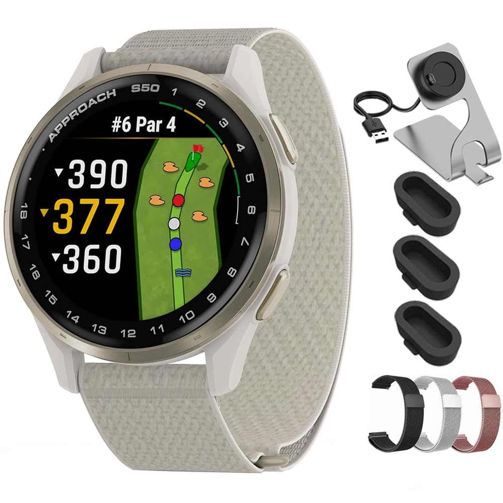 Garmin Approach S50, Advanced Golf GPS Smartwatch, AMOLED Display, On-Course Features, Cream Gold Aluminum Bezel with Ivory ComfortFit Nylon Band - Bundle w/Deco Essentials 20mm Milanese Bands & Dock