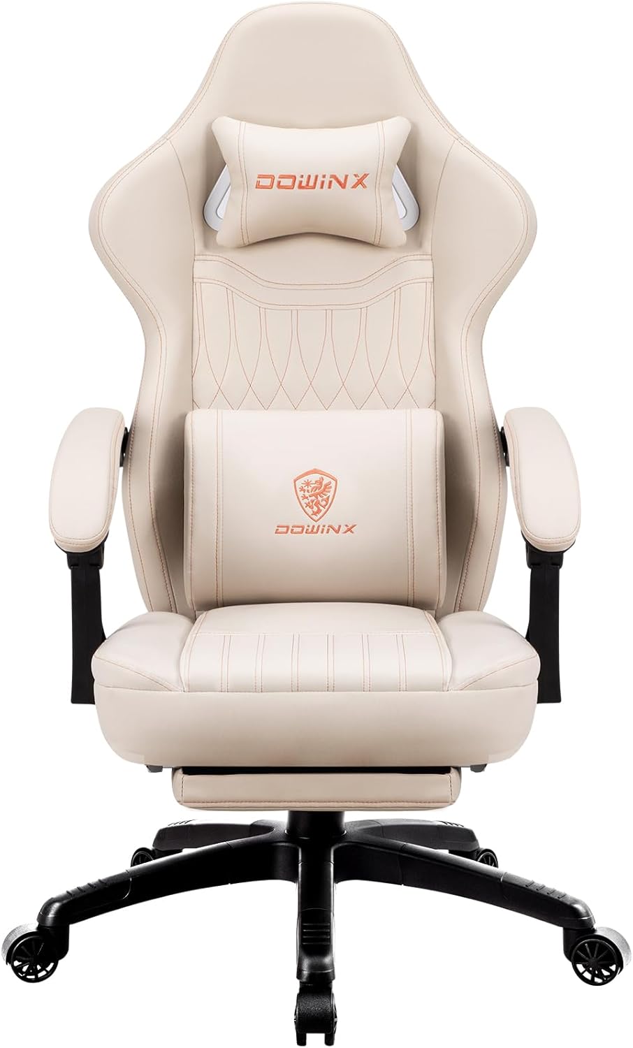 Dowinx Gaming Chair with Spring Cushion,Racing Gamer Chair with Massage Lumbar Support, Ergonomic Gaming Armchair with Footrest Office Chair PU Leather White