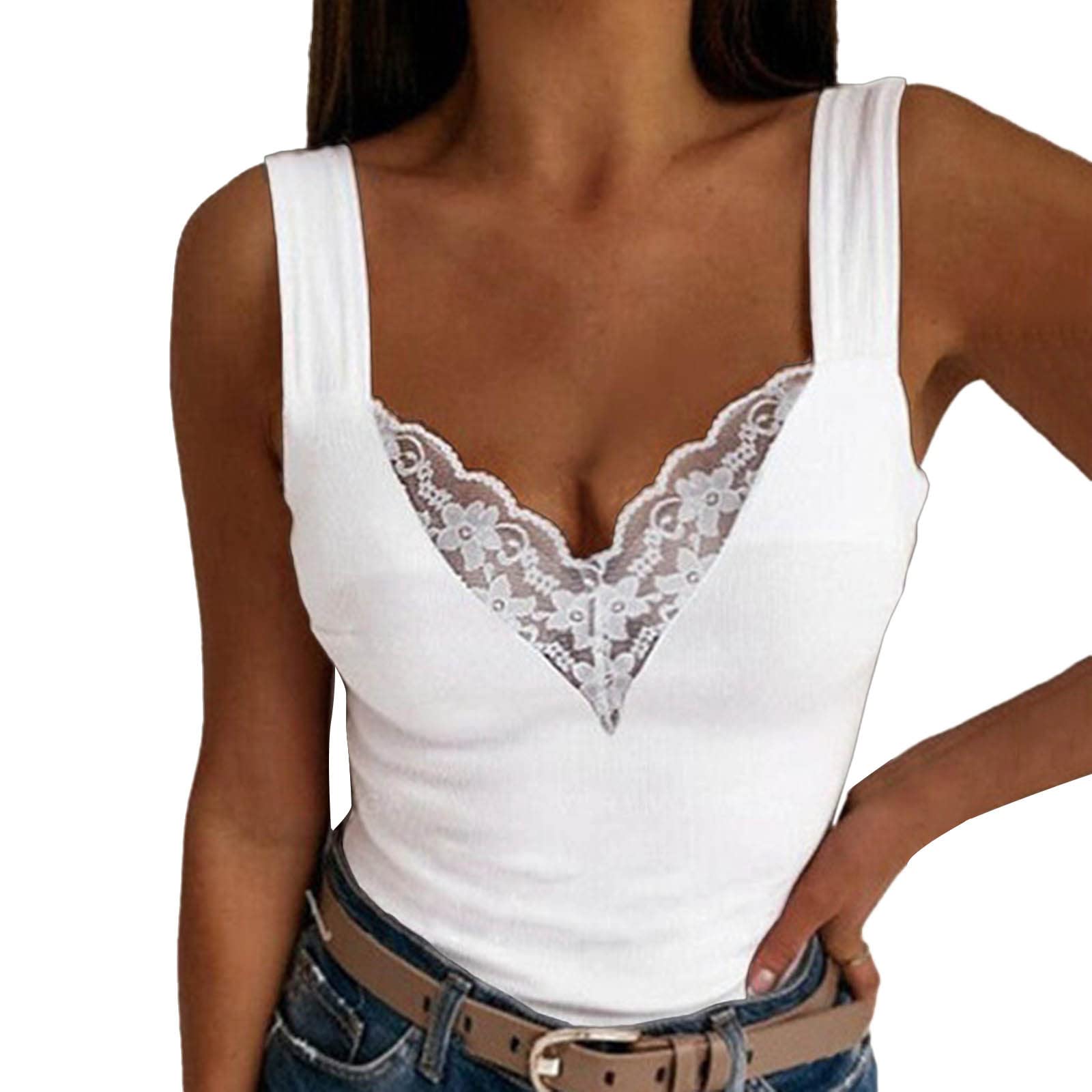 Camis Et Débardeurs Femme Dentelle- Debardeur Sexy-Tee Shirt Femme Grande Taille Col V Profond épissage Tops Coupe Slim D'été Solide Comfy Basic