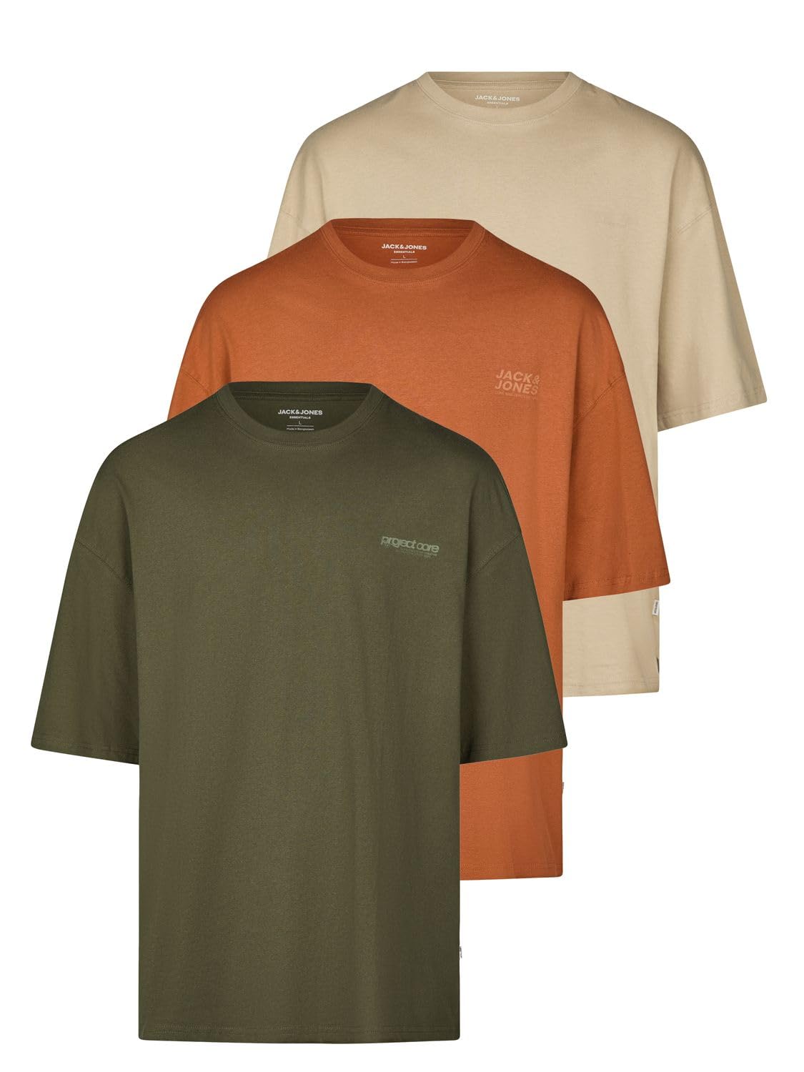 JACK & JONES Tshirt Herren Oversize Fit JJECHARGE 3er Set Pack Rundhals Kurzarm Sommer Tee Shirt Print Schwarz Weiß Beige Grün Grau Braun S M L XL XXL 3XL