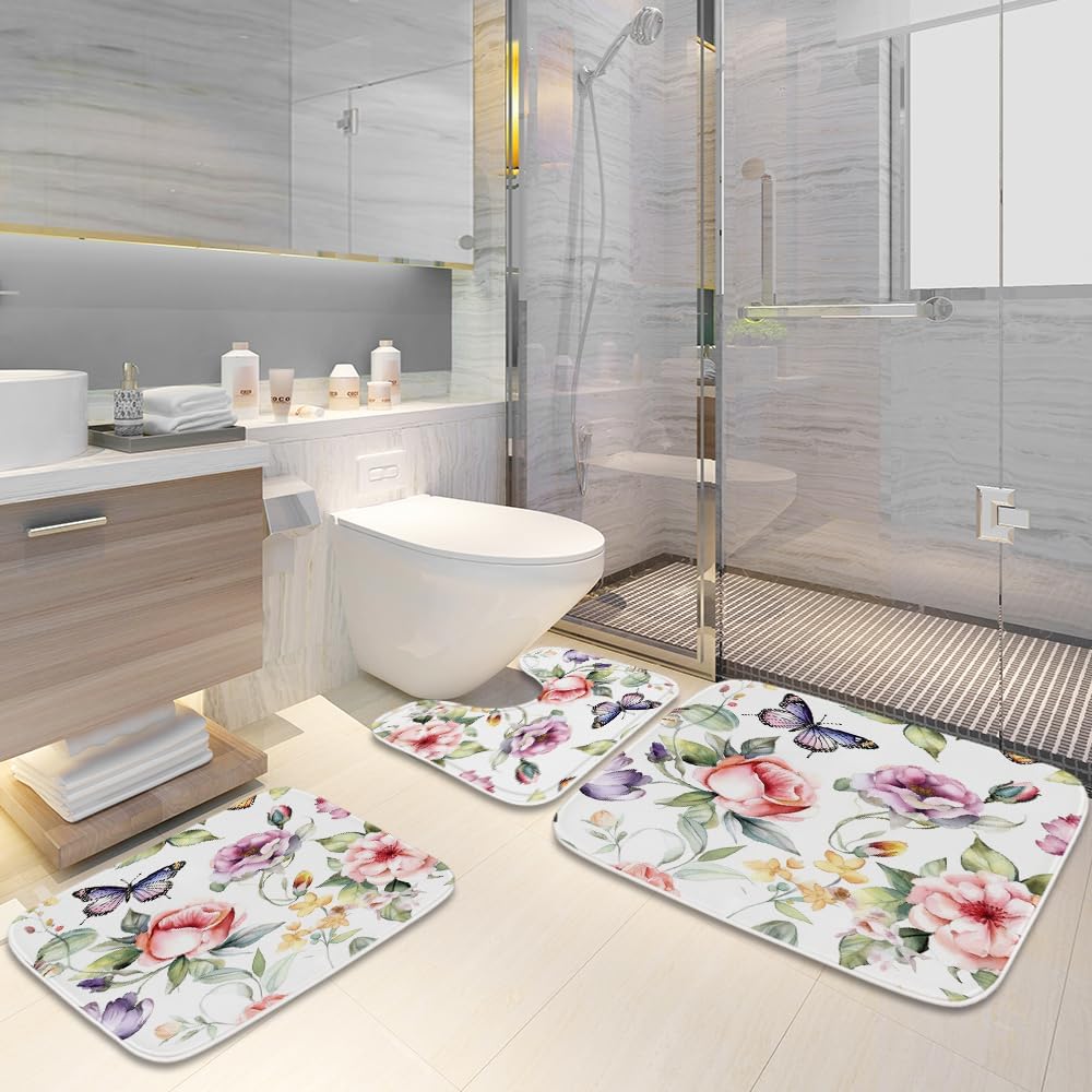 Pink Flower Rose Butterflies Bathroom Rugs and Mats Sets 3 Piece, 20W x 31L Large Memory Foam Bath Mat, 16W x 20L U-Shaped Contour Shower Mat Non Slip Absorbent, Bath Rugs 16W x 24L Inches