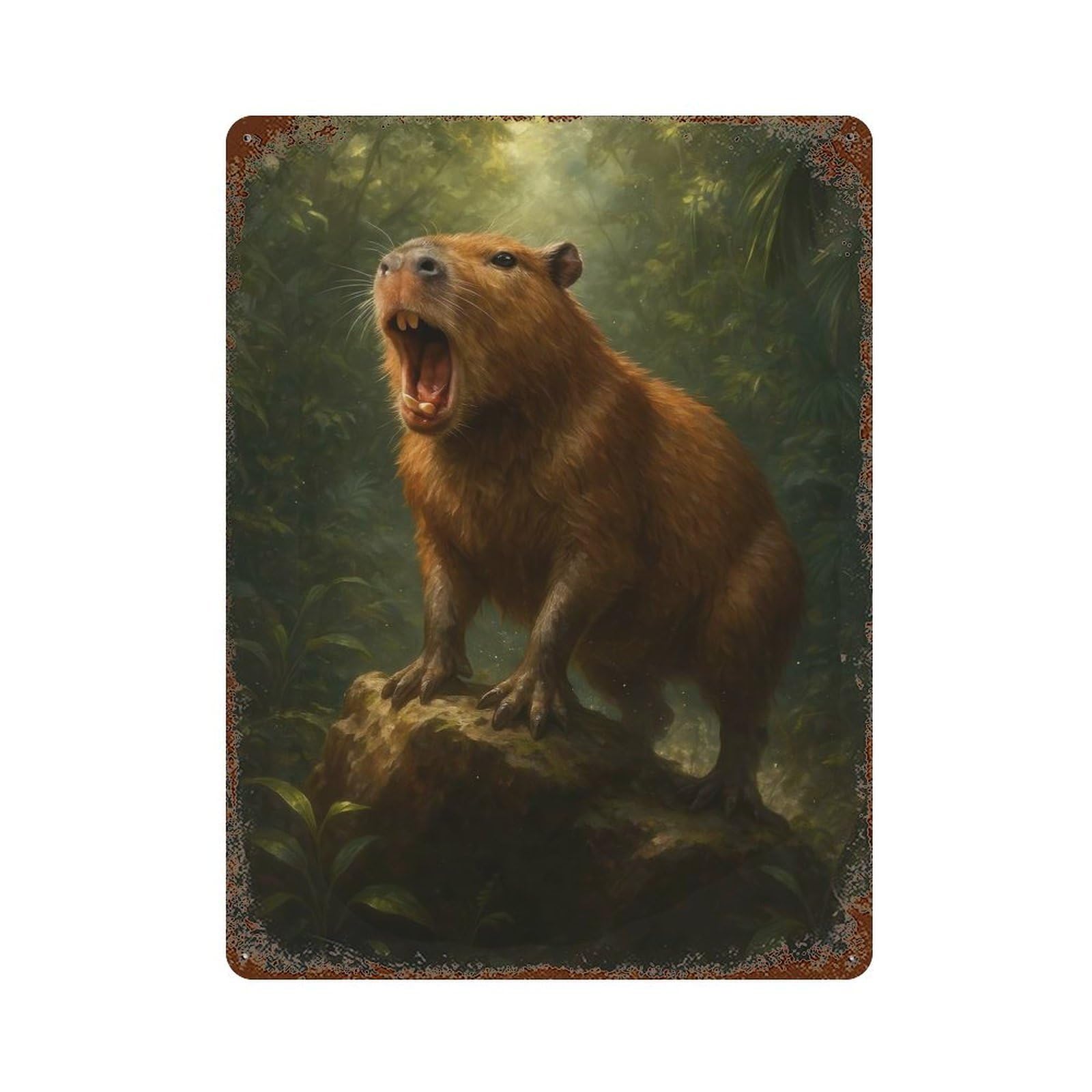 Rust Effect Capybara Yawning in Jungle Rustic Tin Plaque 15.7"x11.8", Classic Wall Plaque for Shed, Workshop And Garage Wall Decor