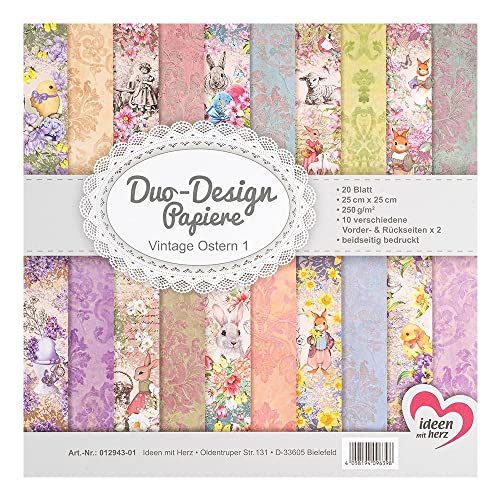 Ideen mit Herz Duo-Design-Papiere | Block mit 20 Blatt Bastelpapier | 25 x 25 cm | 250g/m² | beidseitig bedruckt | Designpapier, Motivpapier | ideal für Scrapbooking, Basteln (Vintage Ostern 01)