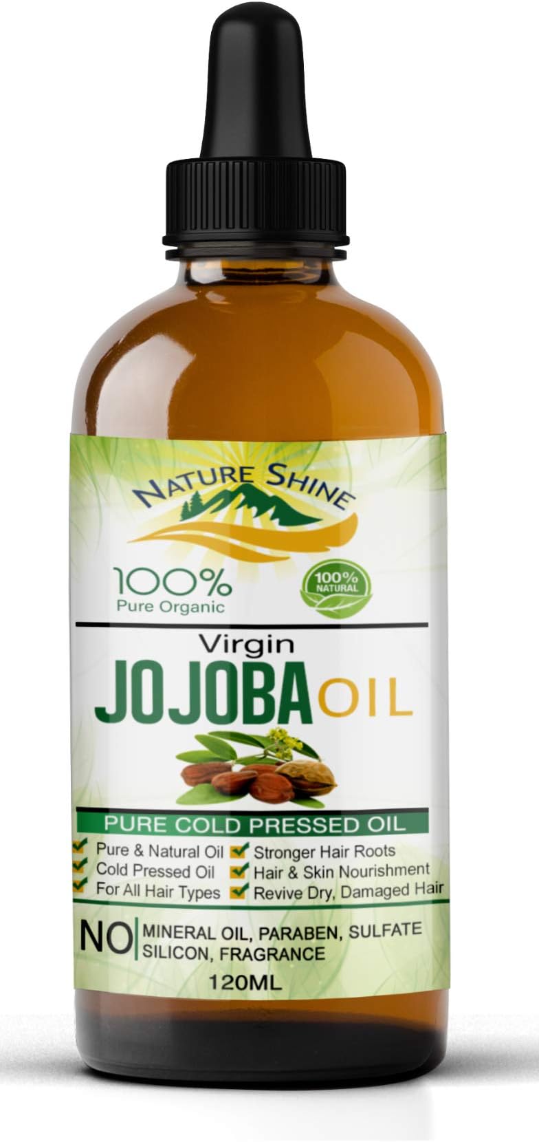 Jojoba Oil Nature Shine 100% Organic 120ml Pure & Natural Cold Pressed Aromatherapy Unrefined Moisturizer for Face, Hair, Skin, Nails, Cuticles, Stretch Marks & Sensitive