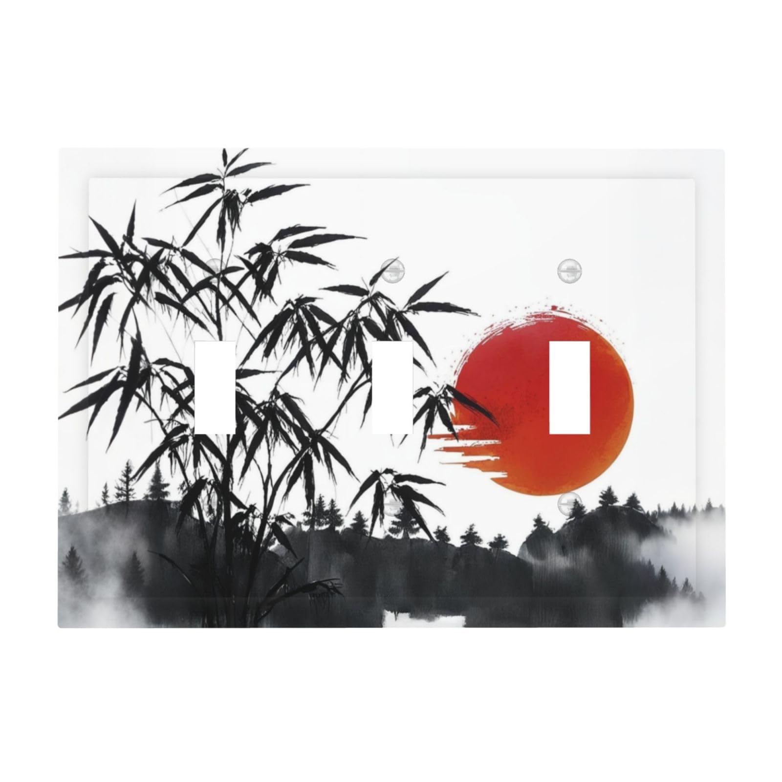 WUYOCHA Decorative Light Switch Plate Covers Artistic Describe Black Bamboo Japanese Red Sun 3 Gang Wall Plate Switch Cover Plate Triple Toggle Jumbo Electrical Faceplate for Bedroom Decor