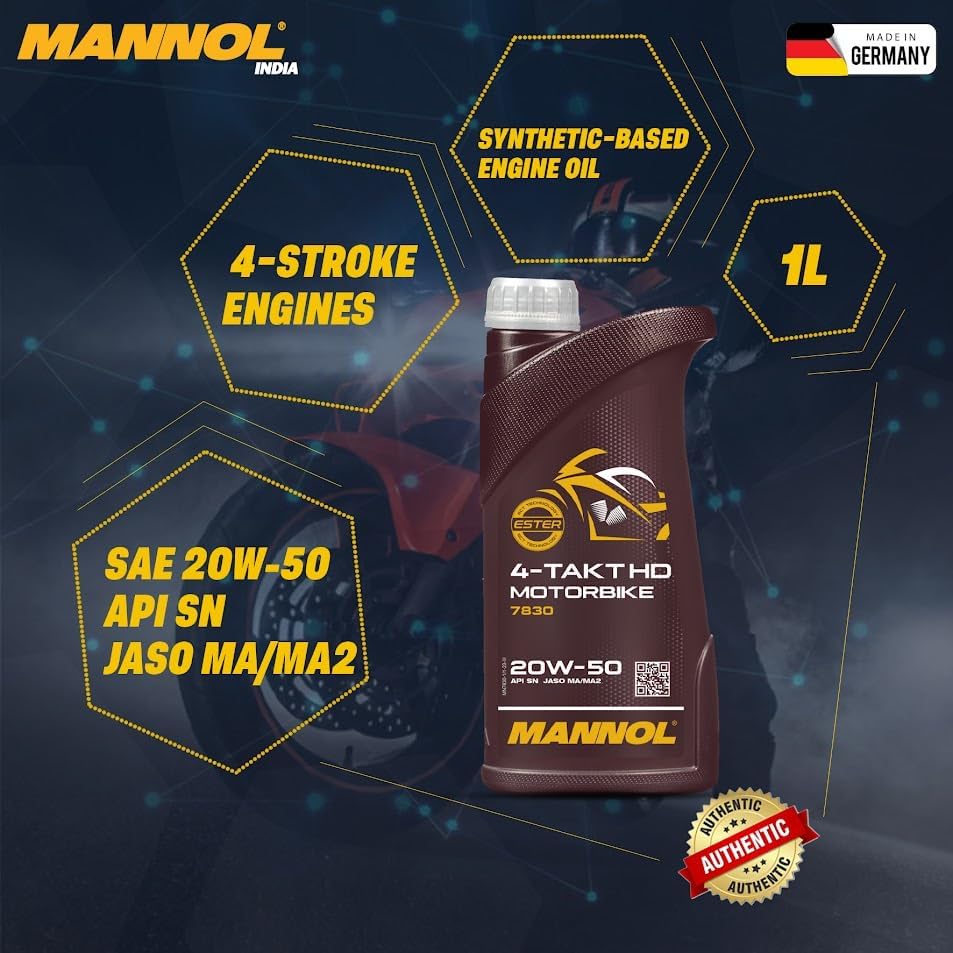 Image of MANNOL 7830 (1L) 4-TAKT MOTORBIKE HD SAE 20W-50 API SN JASO MA /MA2 SYNTHETIC ENGINE OIL FOR 4-STROKE PETROL ENGINES OF BIKES,SCOOTERS AND MOTORCYCLES IMPORTED FROM GERMANY 1L (1)