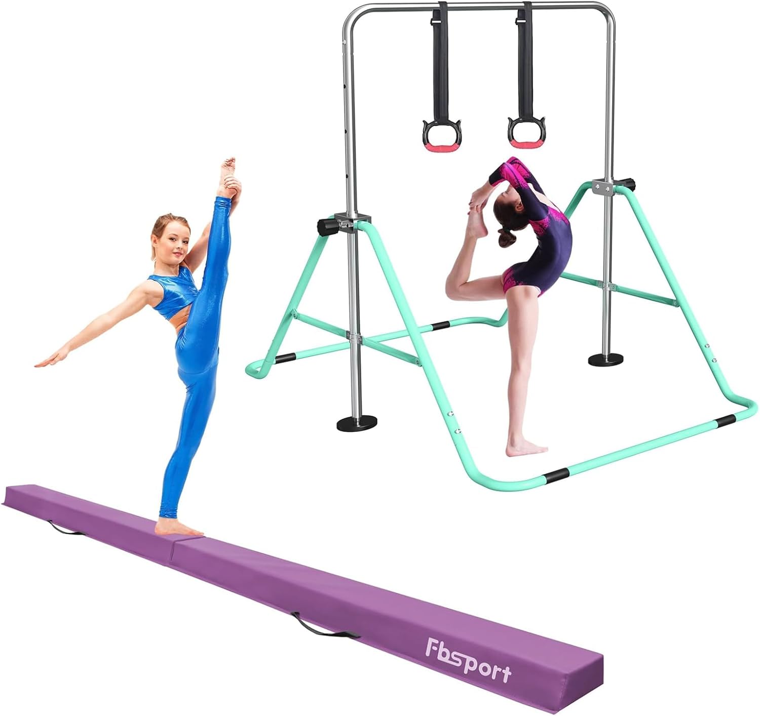 FBSPORT 8FT Folding Floor Beam, Ideal for Home Training and Professional Practice and Gymnastics Bar & Balance Beam Set for Kids, Adjustable Height Horizontal Bar with Rings