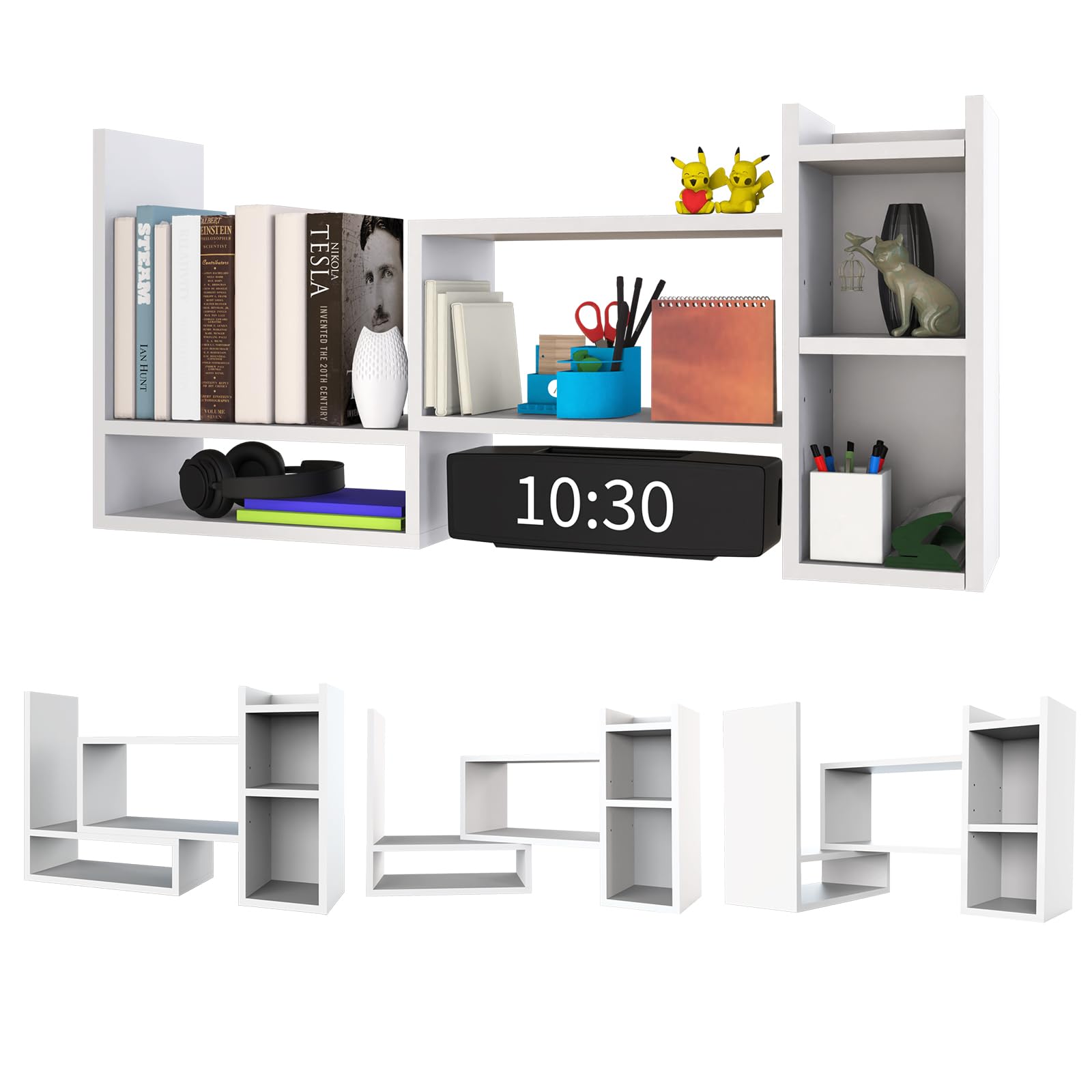 Rivosar Wooden Desktop Bookshelf, Expandable Desk Shelf with Storage Unit