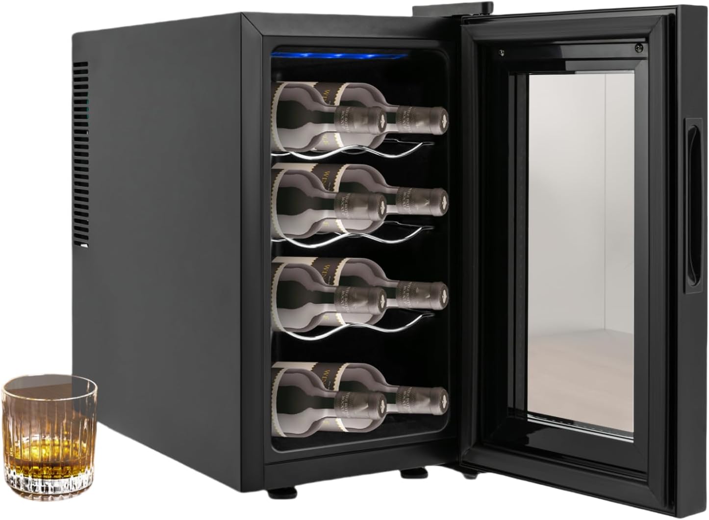 8 Bottle Wine Fridge, 55W Countertop Wine Cooler with 3 Racks 6.08Gal Large-Capacity Beverage Wine Chiller for Home Bar Hotel Clear Window Built-In LED Light Holiday Gifts, Black