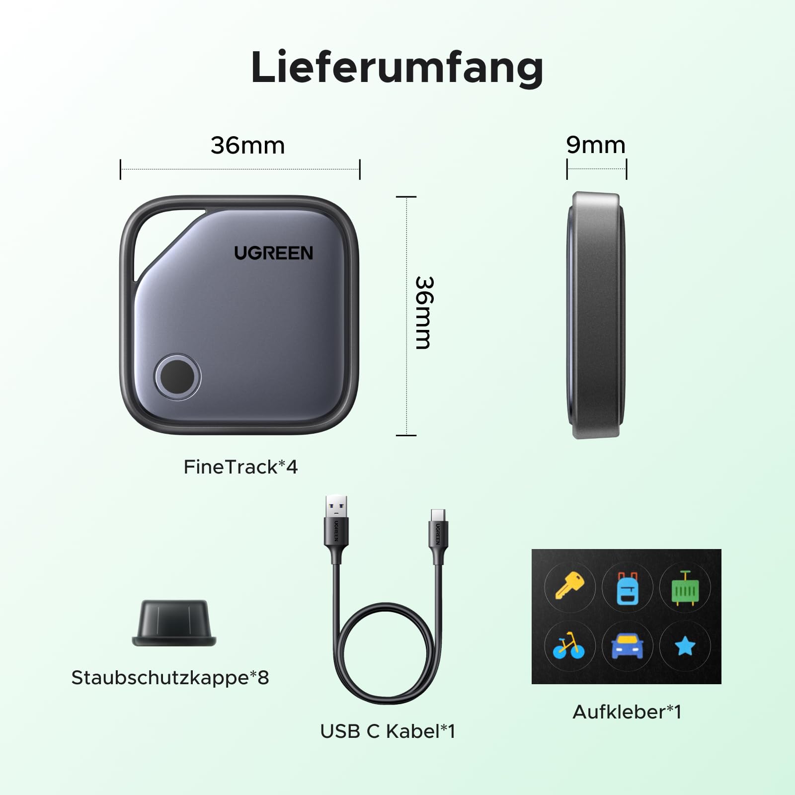 UGREEN FineTrack G 4er Pack mit USB C Aufladung, Bluetooth Tracker kompatibel mit Google Find Hub (nur Android), Schlüsselfinder für Gepäck/Koffer, Smarttag kompatibel mit Pixel 10/Galaxy S25 usw.