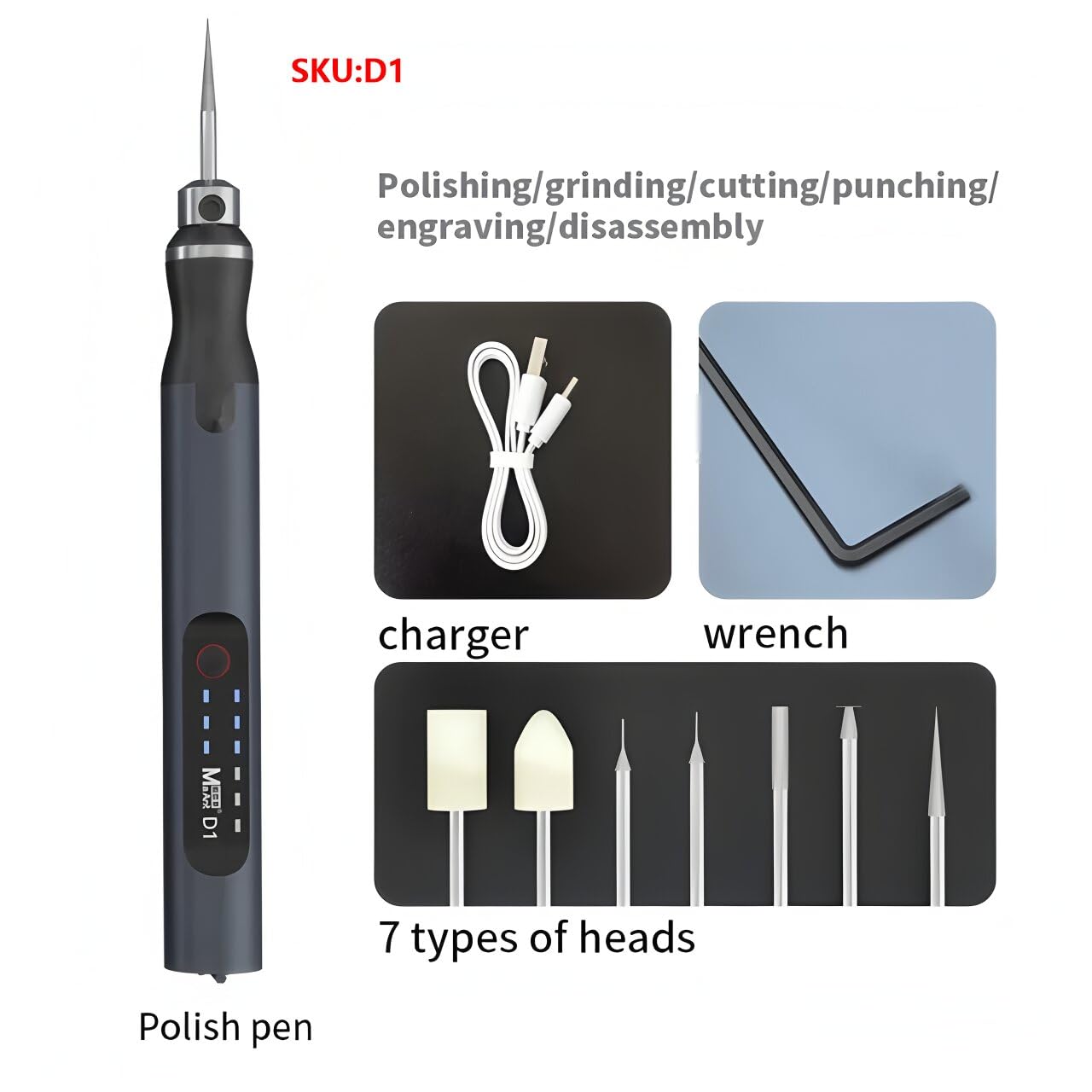 MaAnt D1 Intelligent Charging Polier-Schleifstift zum Schleifen, Schneiden, Bohren, Schnitzen und Demontieren von Gesichts-Latticewerkzeugen (D1)