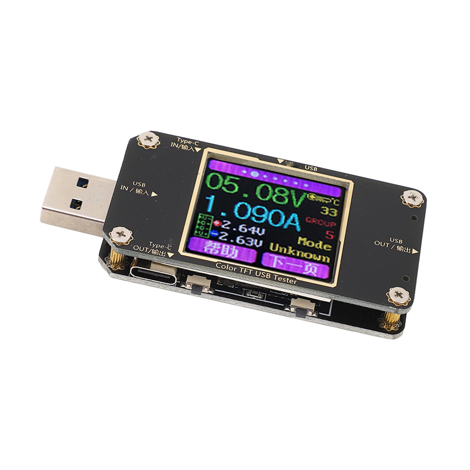 Cyfrowy woltomierz USB, amperomierz i tester napięcia i prądu z kolorowym wyświetlaczem LCD o przekątnej 1,44 cala, interfejs typu C zgodny z protokołami szybkiego ładowania PD QC